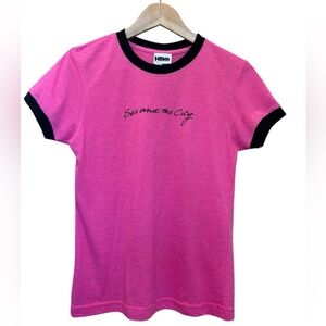 Vintage Sex and the City Baby Ringer Tee Pink Black Glitter Y2K Size Large